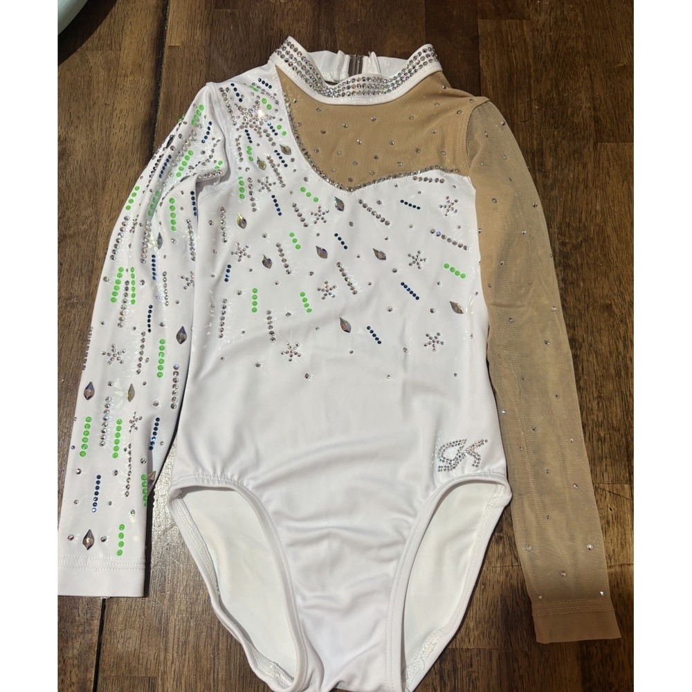 GK Custom Competition Gymnastics Swarovski Bling Cry Leotard Sz YS White Gre Mes